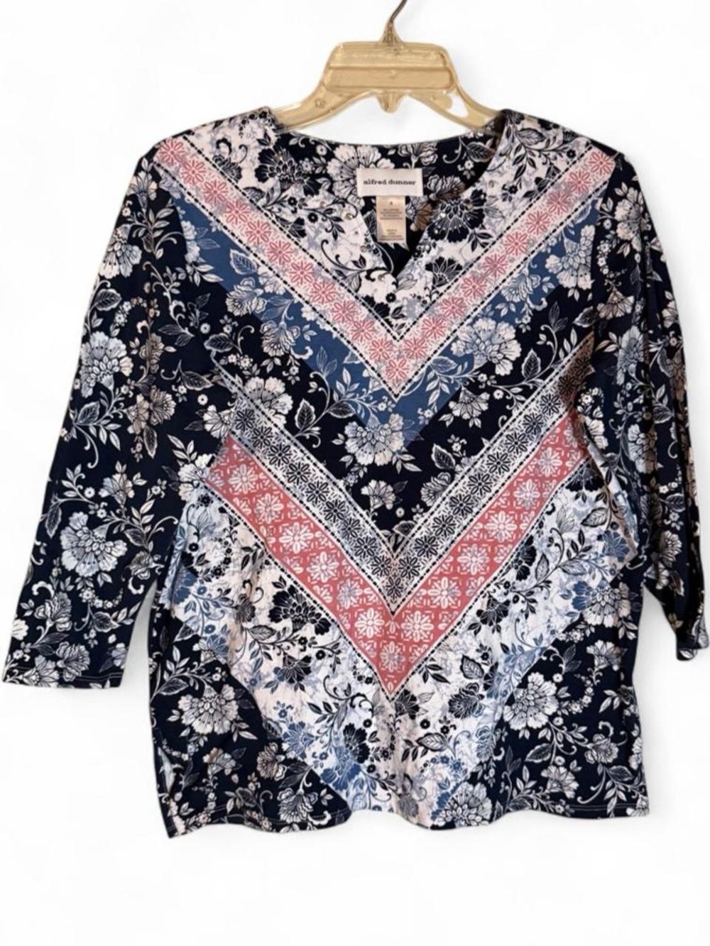 Alfred Dunner Navy, Pink and White Floral Chevron V-Neck Top